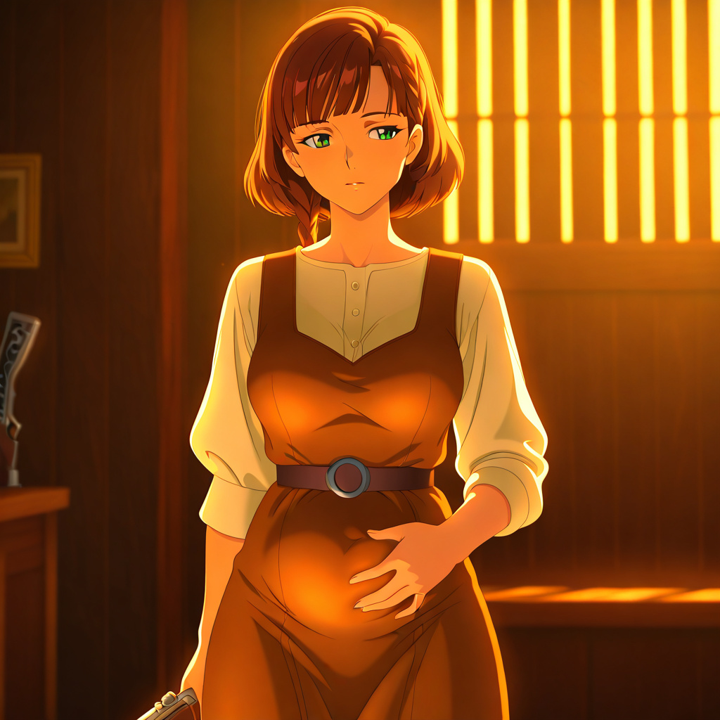 anime style, colonial american woman, braided brown hair with bangs, green eyes, shapely figure in a brown pilgrim dress with the slight pregnancy bulge, cowboy shot, backlighting, volumetric lighting