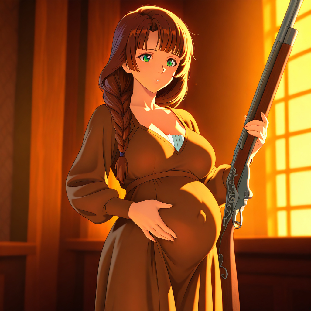 anime style, colonial american woman, braided brown hair with bangs, green eyes, shapely figure in a brown pilgrim dress with the slight pregnancy bulge, cowboy shot, backlighting, volumetric lighting