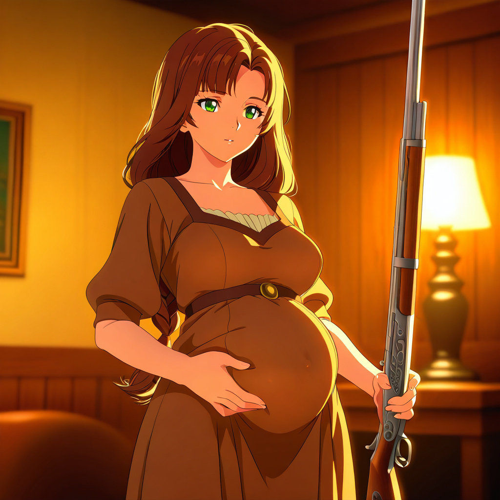 anime style, colonial american woman, braided brown hair with bangs, green eyes, shapely figure in a brown pilgrim dress with the slight pregnancy bulge, cowboy shot, backlighting, volumetric lighting