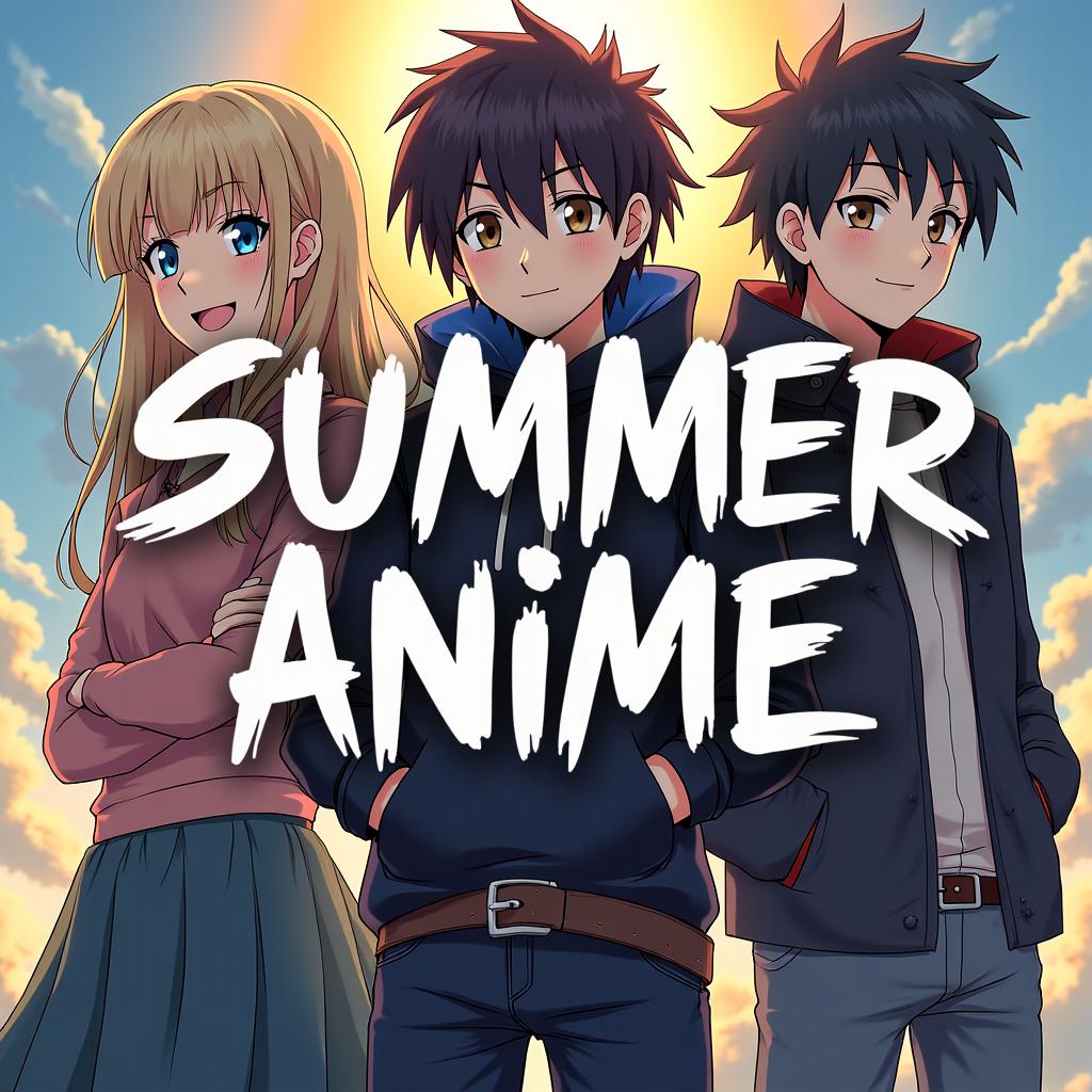 I want a promo style image with a clear title in the center that says "Summer Anime" in a sumer time style, with behind the title having a mix of key anime characters from: Saga of Tanya the Evil; Ske