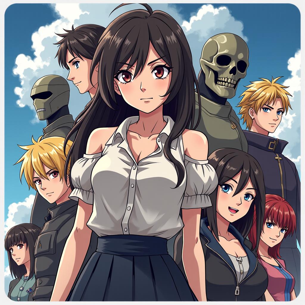 I want a promo style image with a clear title in the center that says "Summer Anime" in a sumer time style, with behind the title having a mix of key anime characters from: Saga of Tanya the Evil; Ske