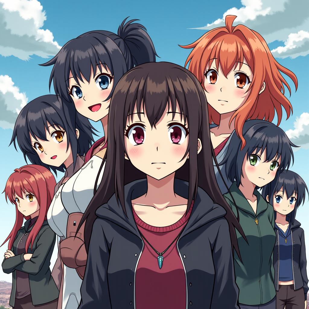 I want a promo style image with a clear title in the center that says "Summer Anime" in a sumer time style, with behind the title having a mix of key anime characters from: Saga of Tanya the Evil; Ske