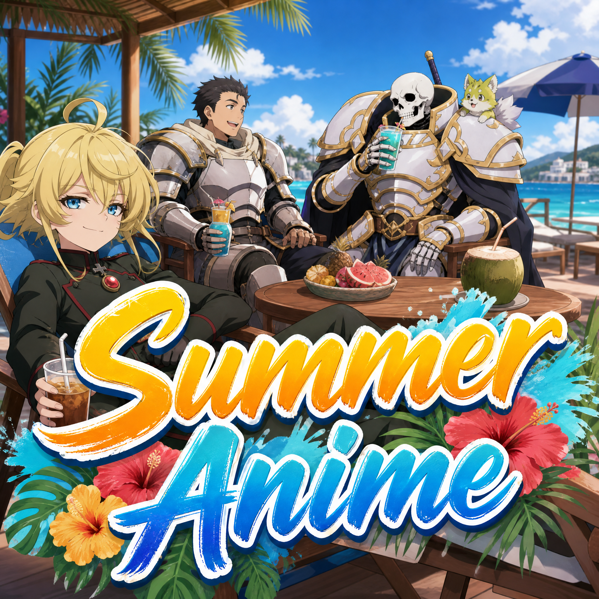 Must have up front the title "Summer Anime", with in the back ground a mix of anime characters from these anime: Saga of Tanya the Evil, The Exiled Heavy Knight, Skeleton Knight in Another World.  Kee
