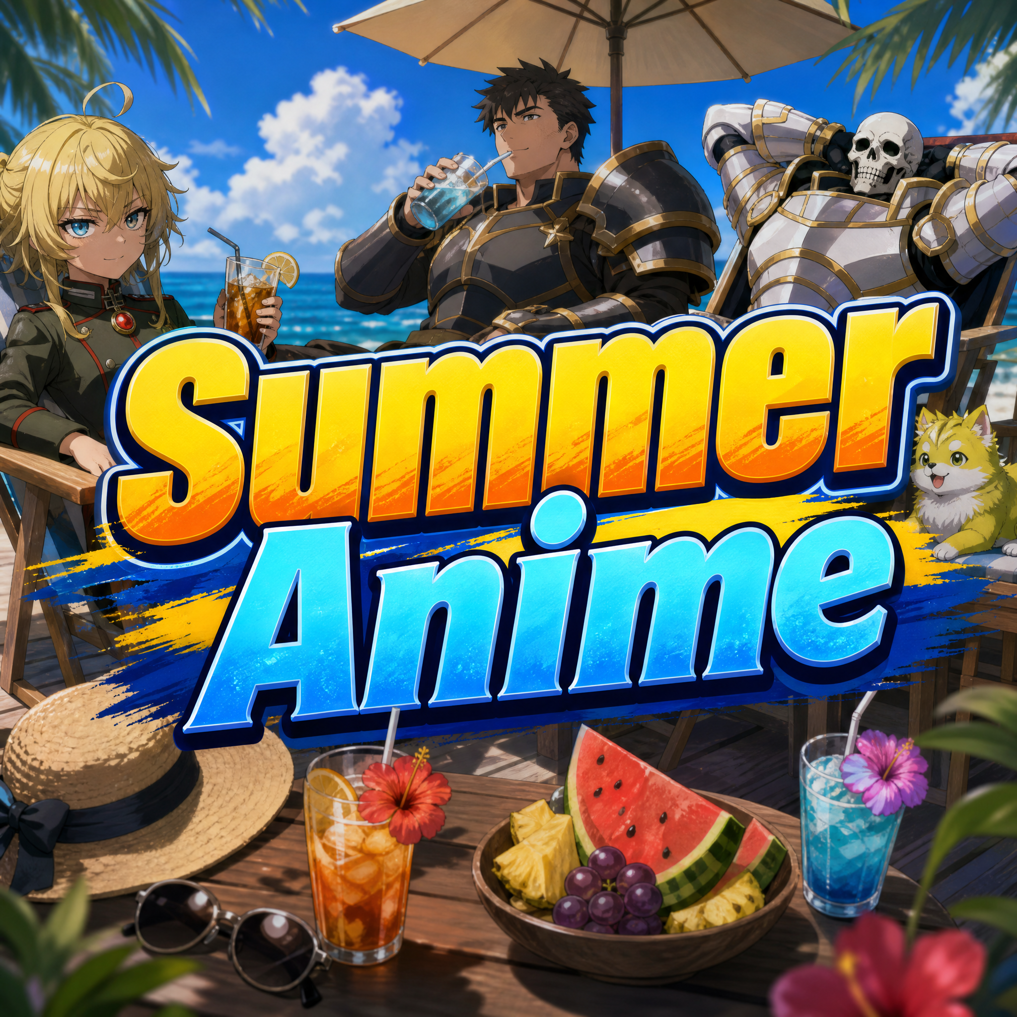 Must have up front the title "Summer Anime", with in the back ground a mix of anime characters from these anime: Saga of Tanya the Evil, The Exiled Heavy Knight, Skeleton Knight in Another World.  Kee