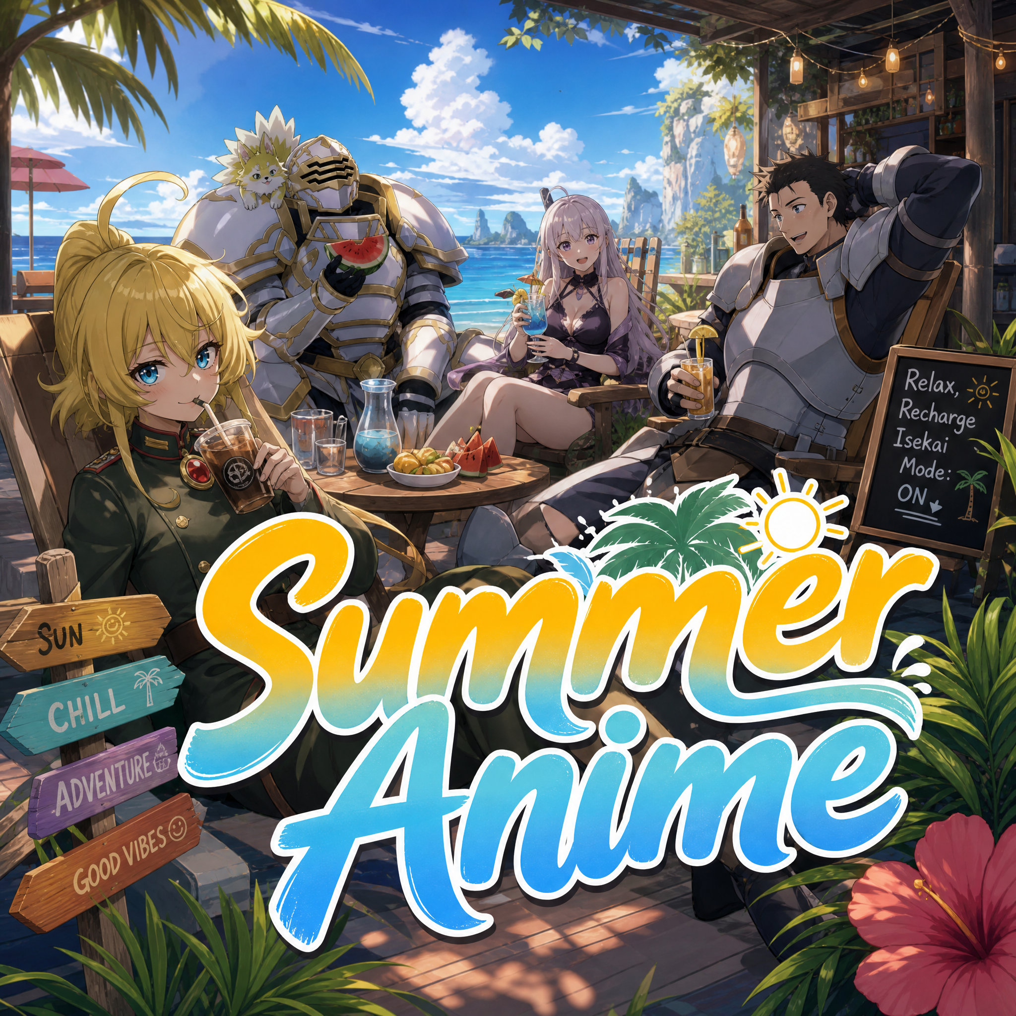 Must have up front the title "Summer Anime", with in the back ground a mix of anime characters from these anime: Saga of Tanya the Evil, The Exiled Heavy Knight, Skeleton Knight in Another World.  Kee