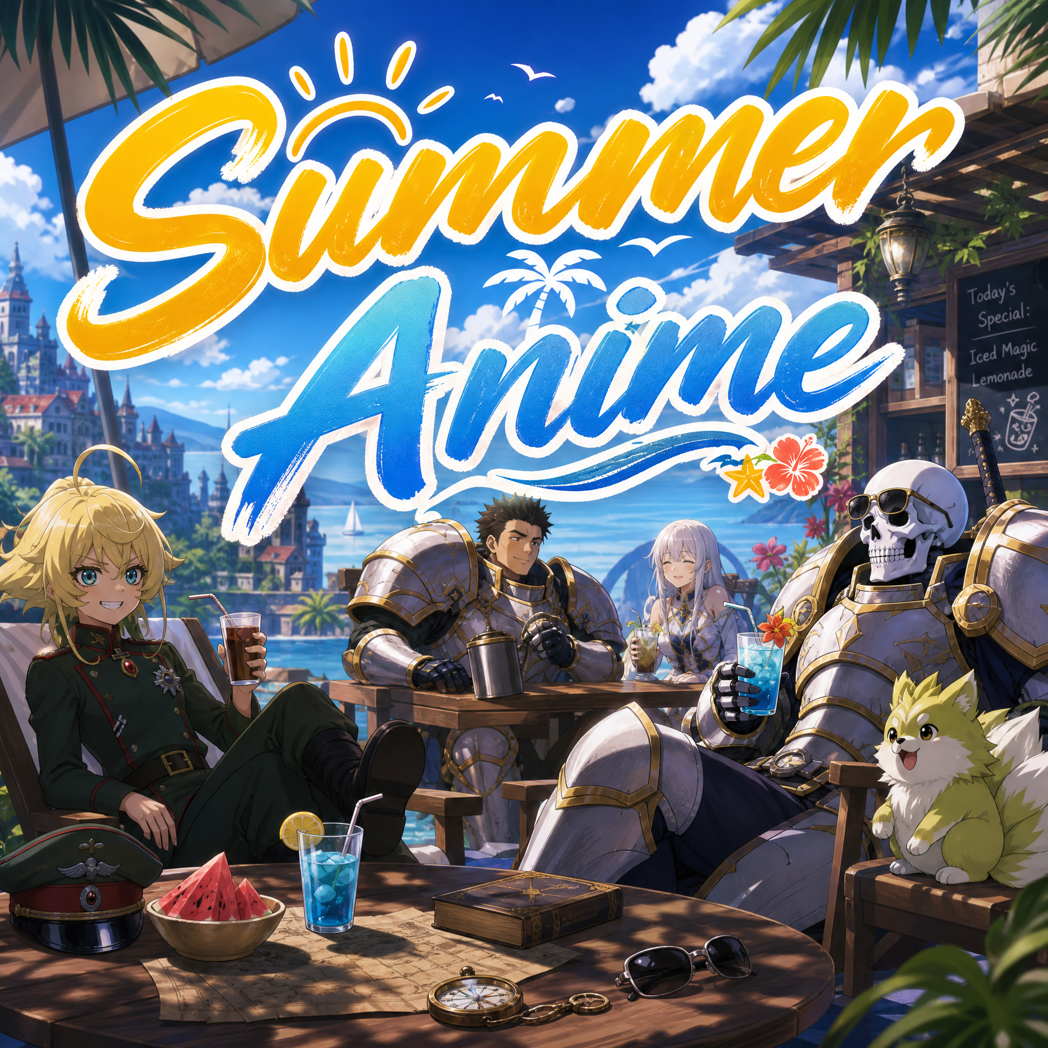 Must have up front the title "Summer Anime", with in the back ground a mix of anime characters from these anime: Saga of Tanya the Evil, The Exiled Heavy Knight, Skeleton Knight in Another World.  Kee