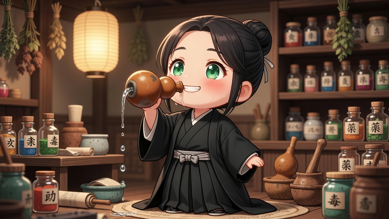 A chibi version of Maomao from apothecary diaries, wearing a Shihakushō, drinking alcohol from a from a gourd enjoying every swig 