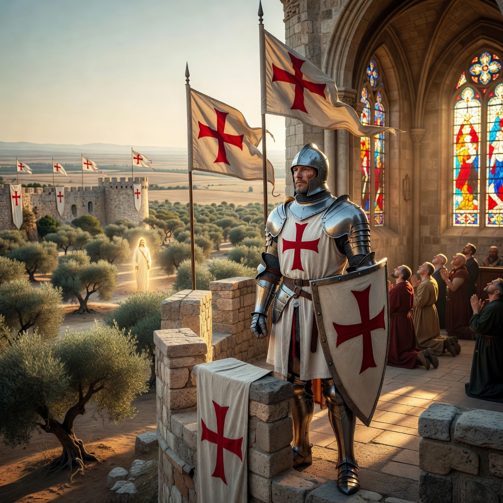 photorealistic, RAW photo, a valiant medieval Christian knight in gleaming plate armor with a bold red cross on his white surcoat and shield stands resolute atop a weathered stone castle battlement ov
