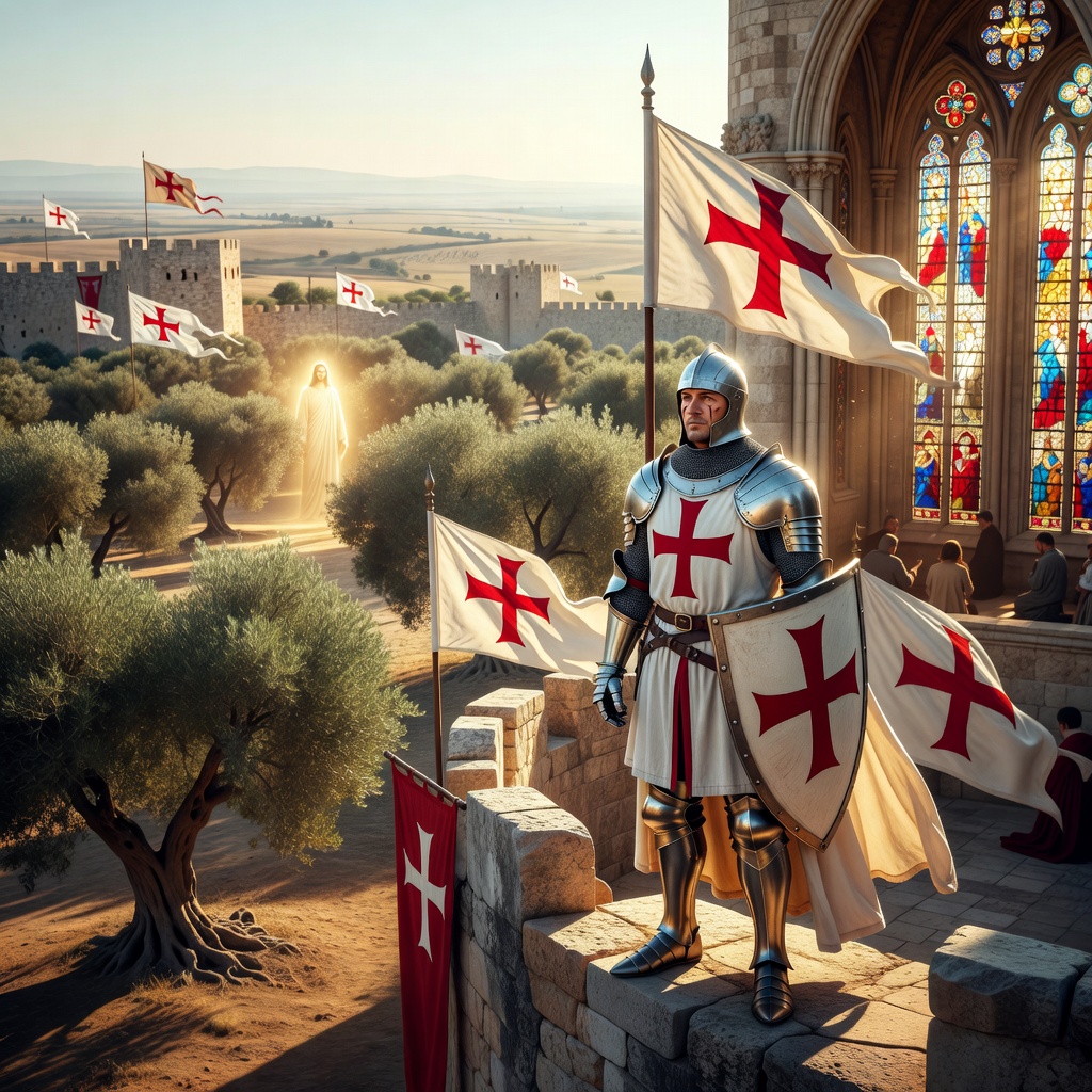 photorealistic, RAW photo, a valiant medieval Christian knight in gleaming plate armor with a bold red cross on his white surcoat and shield stands resolute atop a weathered stone castle battlement ov