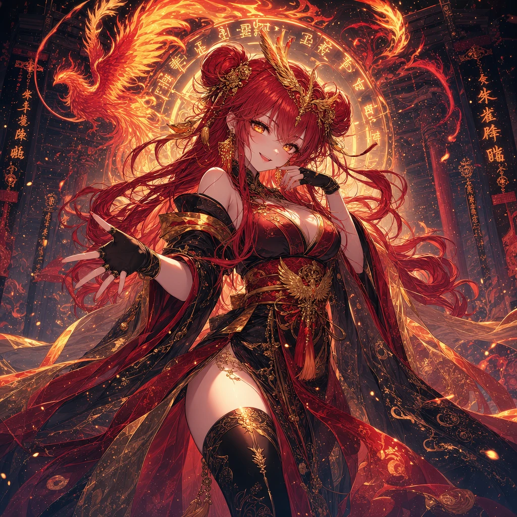 anime style, 1girl, fire goddess, phoenix motif, long wavy fiery red hair, gold and orange flame streaks, twin hair buns, flame ribbons, bright amber eyes, glowing molten gold eyes, sleek modern kimon