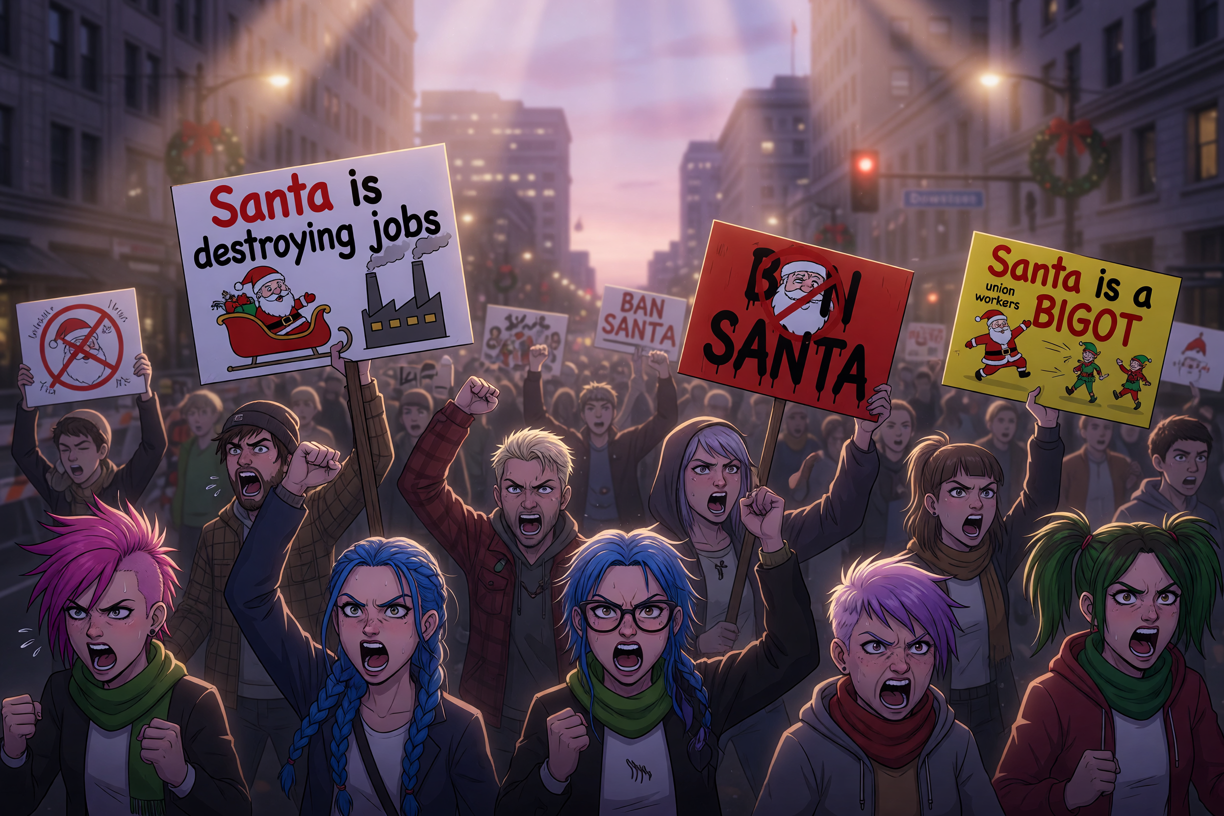 anime style, crowd of protesters, yelling, screaming, holding signs, signs with text "Santa is destroying jobs", "ban Santa", and "Santa is a bigot", angry expressions, open mouths, raised fists, mult