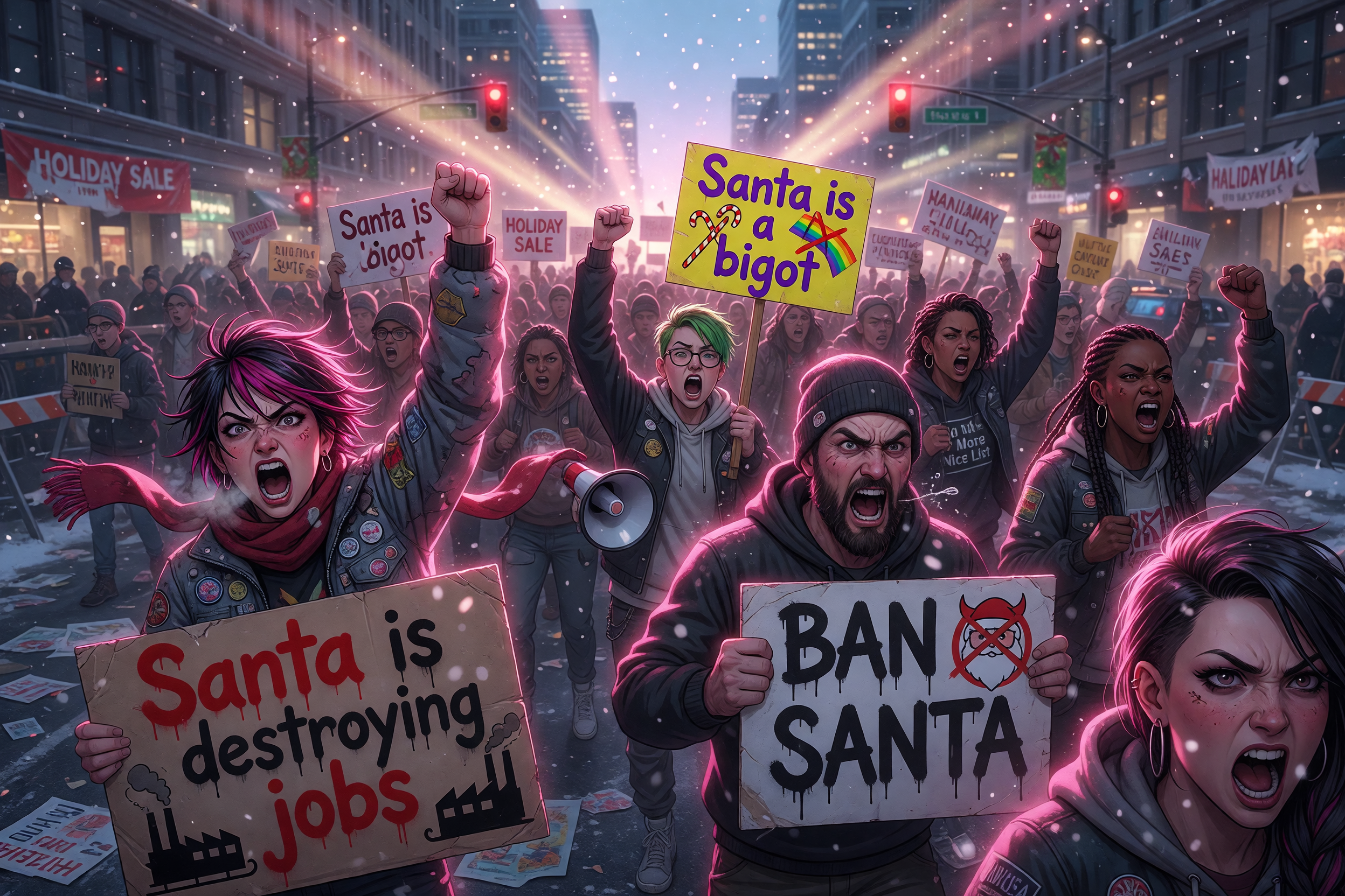 anime style, crowd of protesters, yelling, screaming, holding signs, signs with text "Santa is destroying jobs", "ban Santa", and "Santa is a bigot", angry expressions, open mouths, raised fists, mult