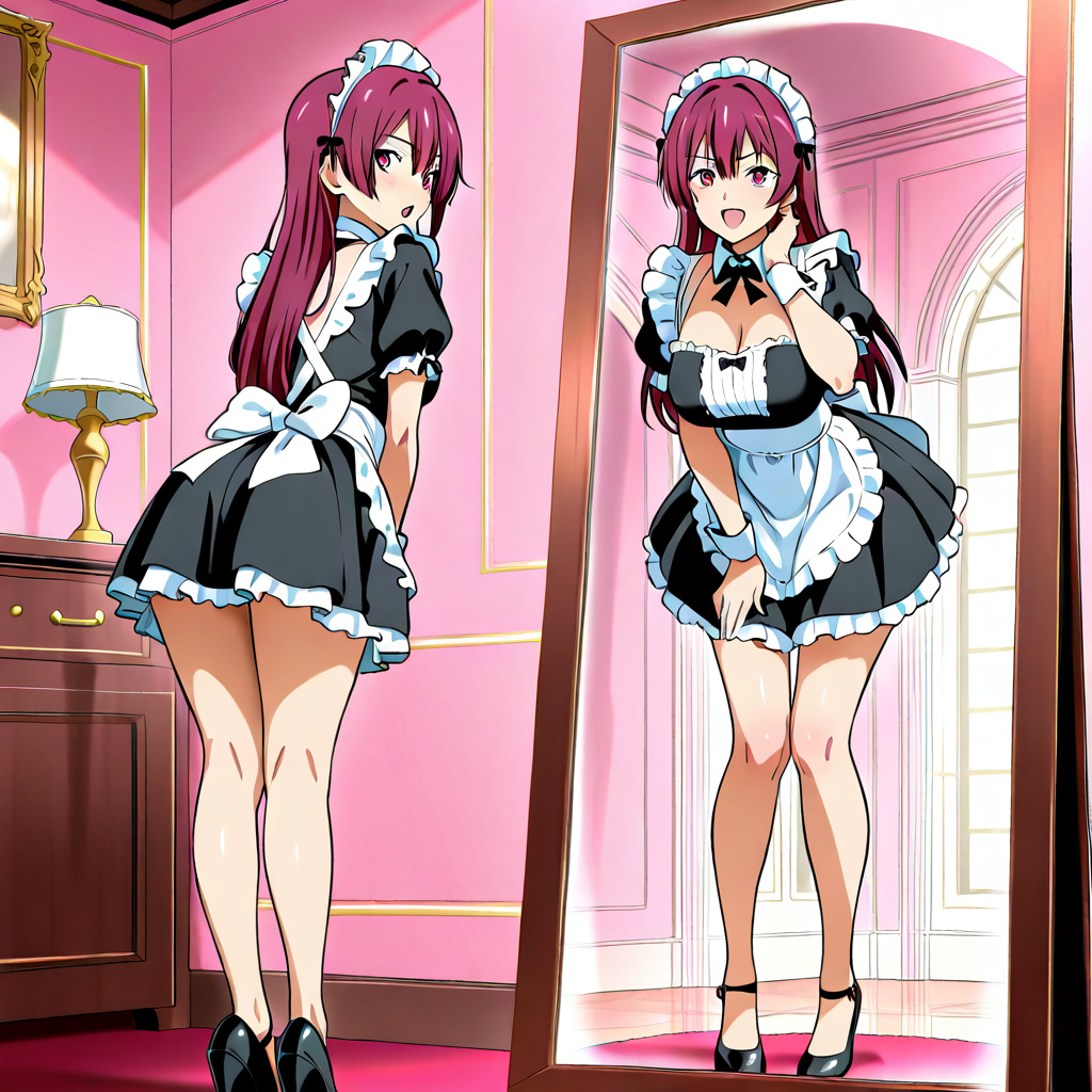 anime style, Sexy Maid wearing a short skirt french maid costume looking at herself in a full length mirror inside a mansion and she is very excited about how she looks as she poses and plays in the m