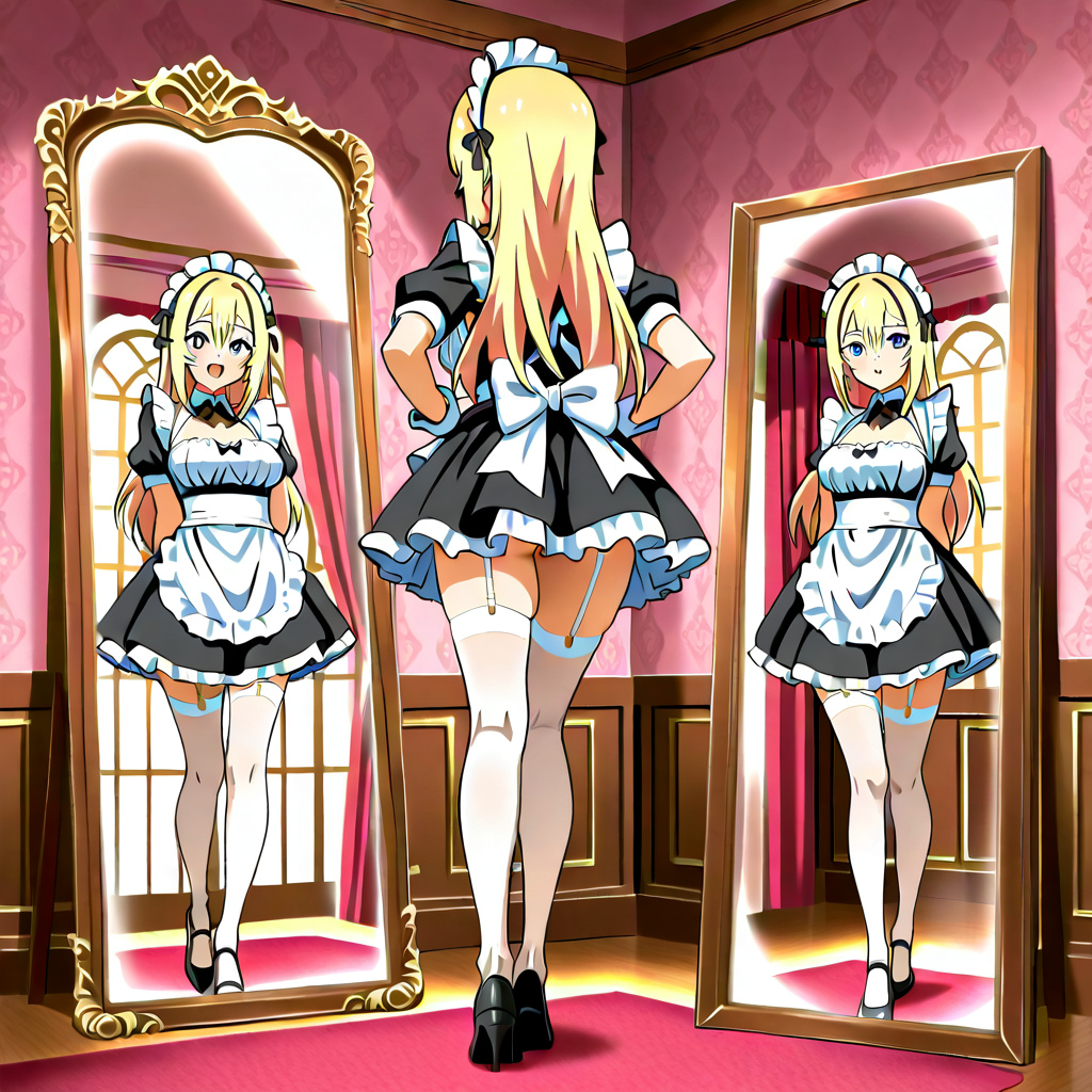 anime style, Sexy Maid wearing a short skirt french maid costume and stockings looking at herself in a full length mirror inside a mansion and she is very excited about how she looks as she poses and 