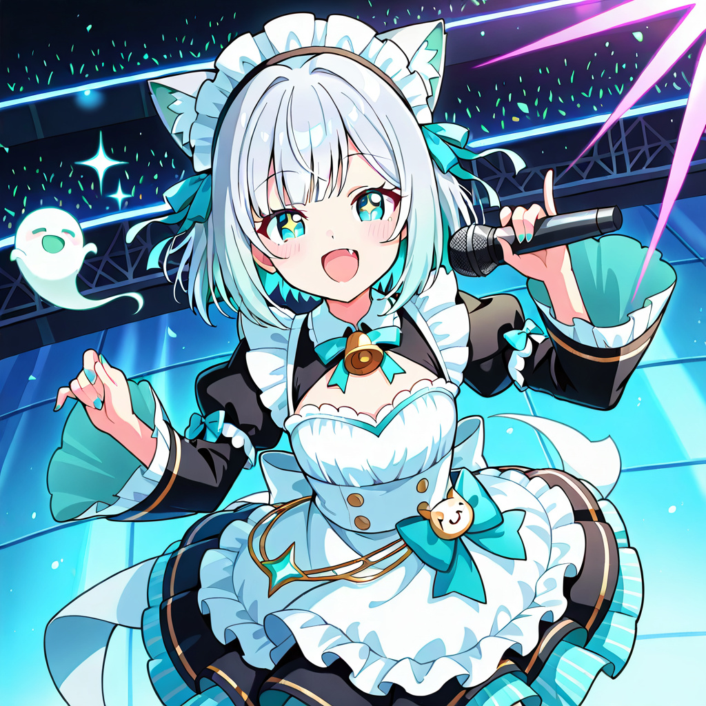 anime style, mint fantome, 1girl, solo, vtuber, petite ghost maid idol, concert arena center stage, facing viewer, joyful smile, fang, sparkling aqua eyes, singing into microphone, dynamic pose, silve