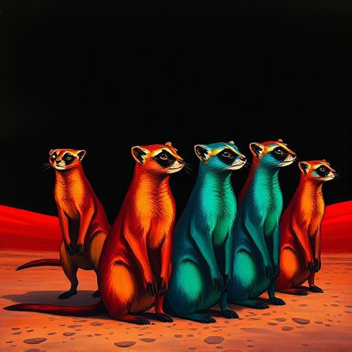 Meercats on parade

(hard-rule color overlay: every hue forcibly skewed into a vivid jewel palette of ember orange, hot crimson-magenta, electric cyan, deep cobalt blue, vivid emerald green, antique g