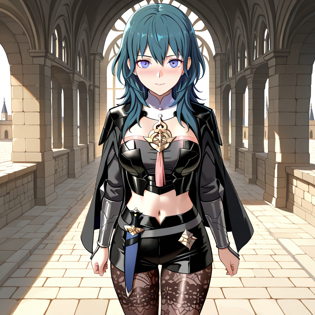 anime style, byleth eisner \(female\) \(fire emblem\), fire emblem three houses, 1girl, female byleth outfit, pov, standing, looking down at viewer, long Azure hair, perfect Azure eyes, soft smile, fa