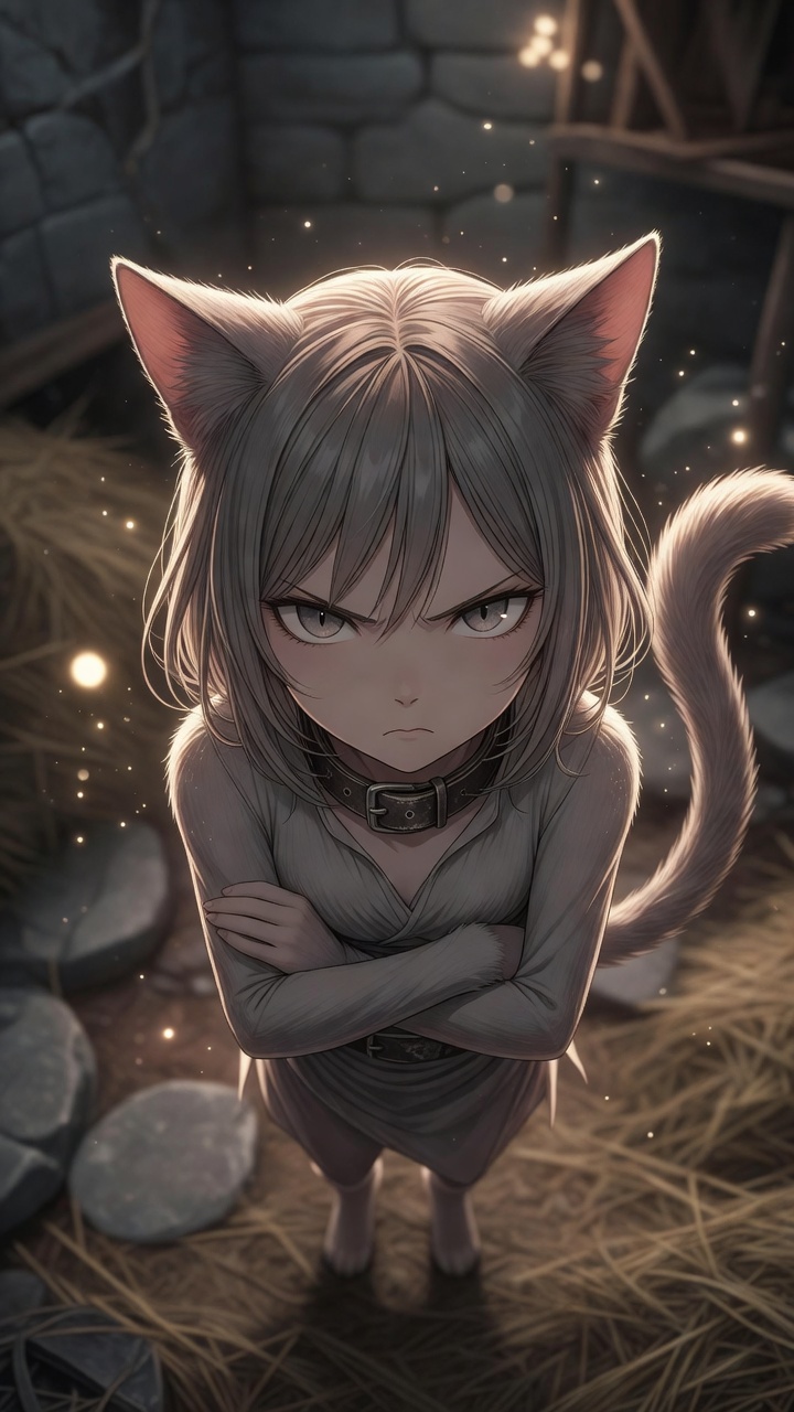anime style, small cute cat demi-human slave, staring up at viewer, annoyed face, crossed arms, from above, cat ears, cat tail, petite, slave collar, frown, looking up, arms crossed, cowboy shot, rim 