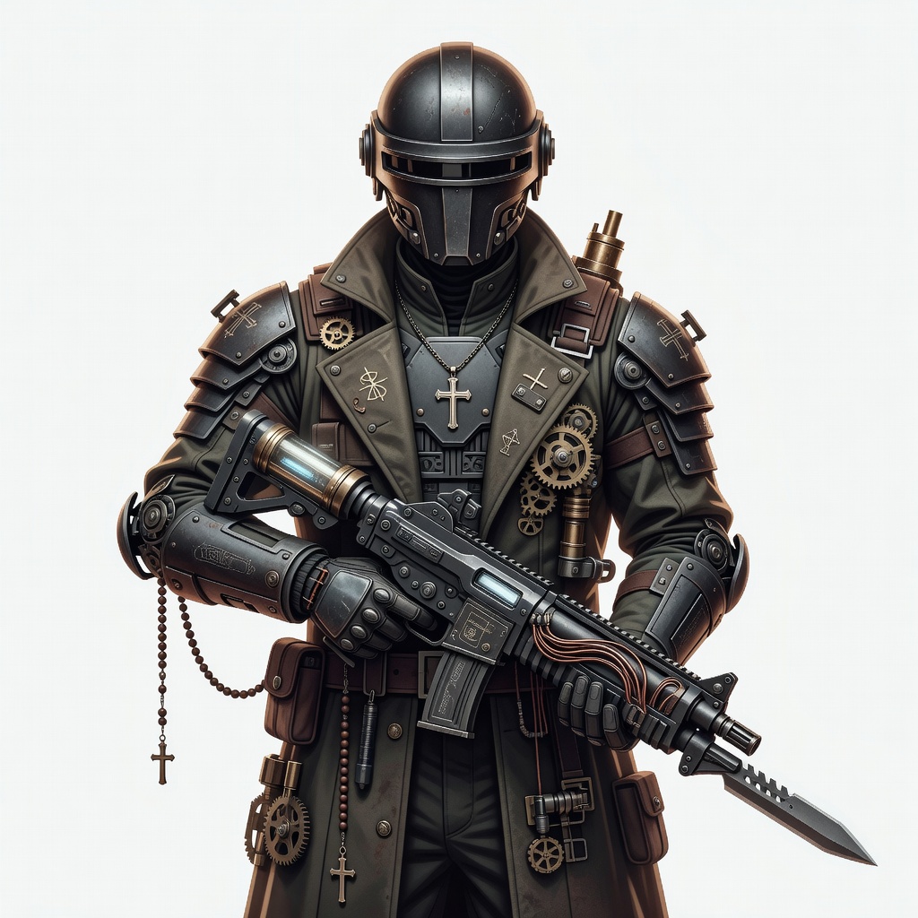 anime style, dieselpunk soldier, closed helmet, catholic, holding a scifi firearm with a bayonet, full body, seamless white background, standing pose, armored military coat, cross necklace, rosary bea