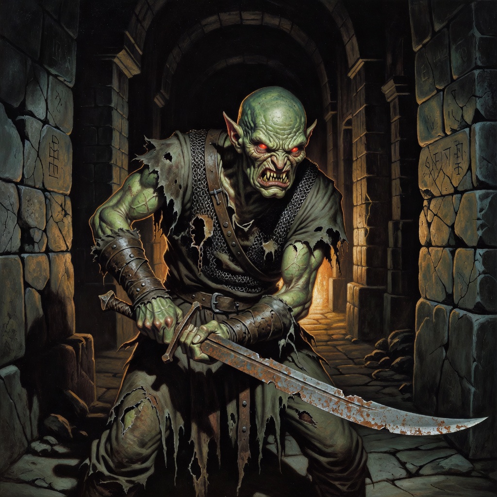 Character: hunched humanoid figure, with green skin, pointed ears, bald, cruel scowl expression, yellow lower fangs like small tusks, ugly, evil, small deep-set red eyes. Wearing dirty torn clothing a