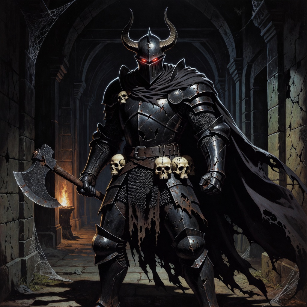 Character: large Evil Knight in black steel armor, horned helm, glowing red eyes, broken chainmail loincloth, holding a chipped bearded axe in one hand, the other hand is clenched in a fist. There are