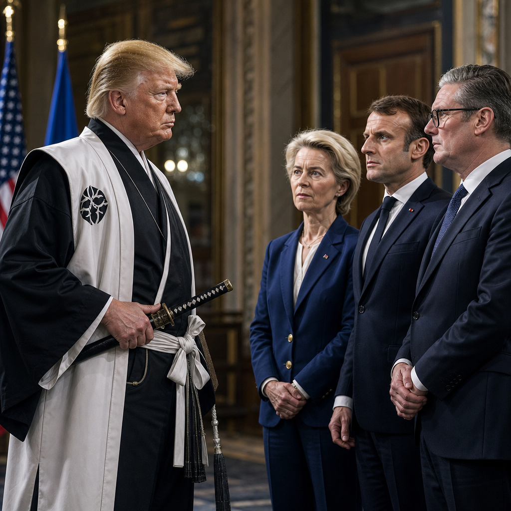 photorealistic, RAW photo, Donald Trump wearing elaborate black shinigami captain robes with white captaining haori overcoat and intricate sash details from Bleach, standing assertively with one hand 