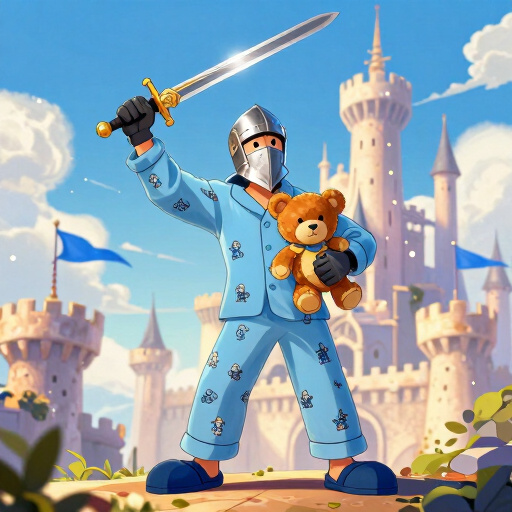 Illustration, fantasy cartoon. Male figure in heroic pose wearing a knight's greathelm and light blue pajamas with little Knight themed pictures on it. Deep blue fussy slippers. In one hand he holds a
