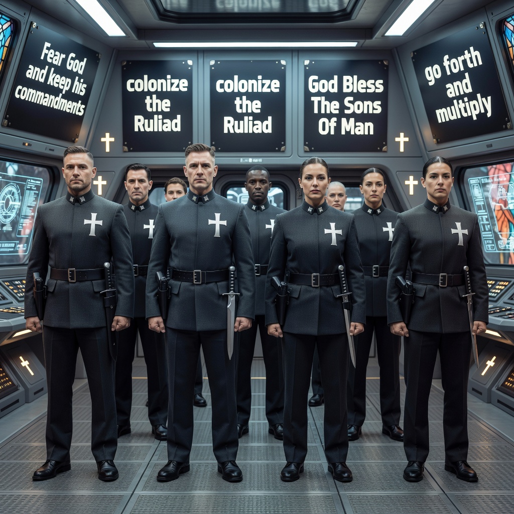 technopuritan paramilitary uniform, no helmets, no masks, clean simple uniform, belted military tunic with a stand collar - more specifically a Prussian-style or mandarin-collar tunic,  no visible but