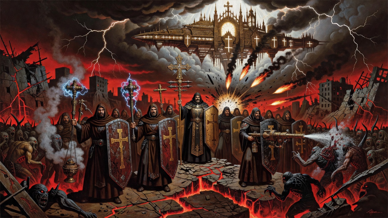 Style: 1980's style dark fantasy scifi oil painting. A platoon of Scifi catholic warrior monks wearing dark brown with dark iron trim. They are in the middle of the image on a raised section of rubble