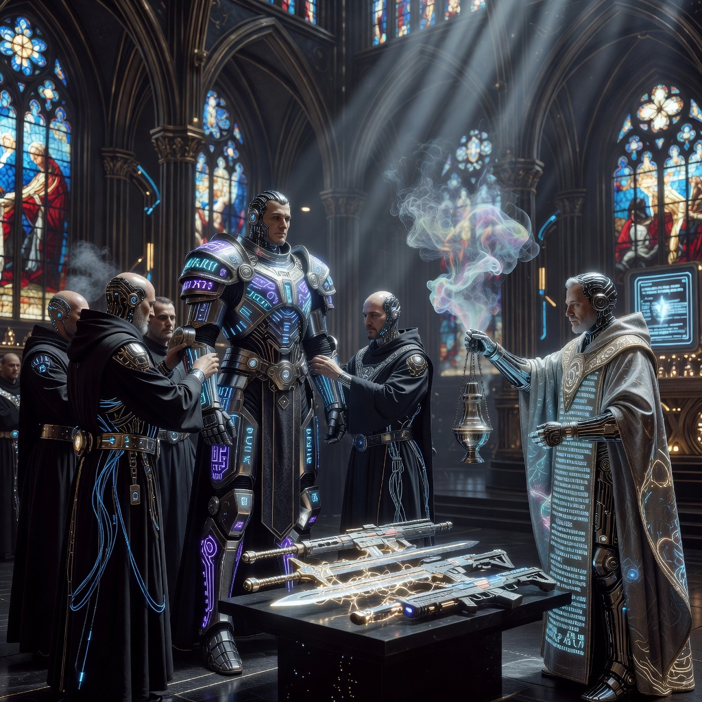 Scifi catholic monks dress a scifi Knight hospitaler in his tech-armour while a priest blesses his weapons with a censer, futuristic cathedral interior, glowing energy runes on armor plating, hovering