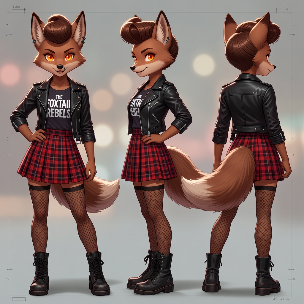anime style, milk chocolate colored anthropomorphic foxgirl, cute, energetic personality, mature attitude, dressed in fusion straightedge rockabilly punk, fox girl, brown fur, fluffy fox tail, fox ear