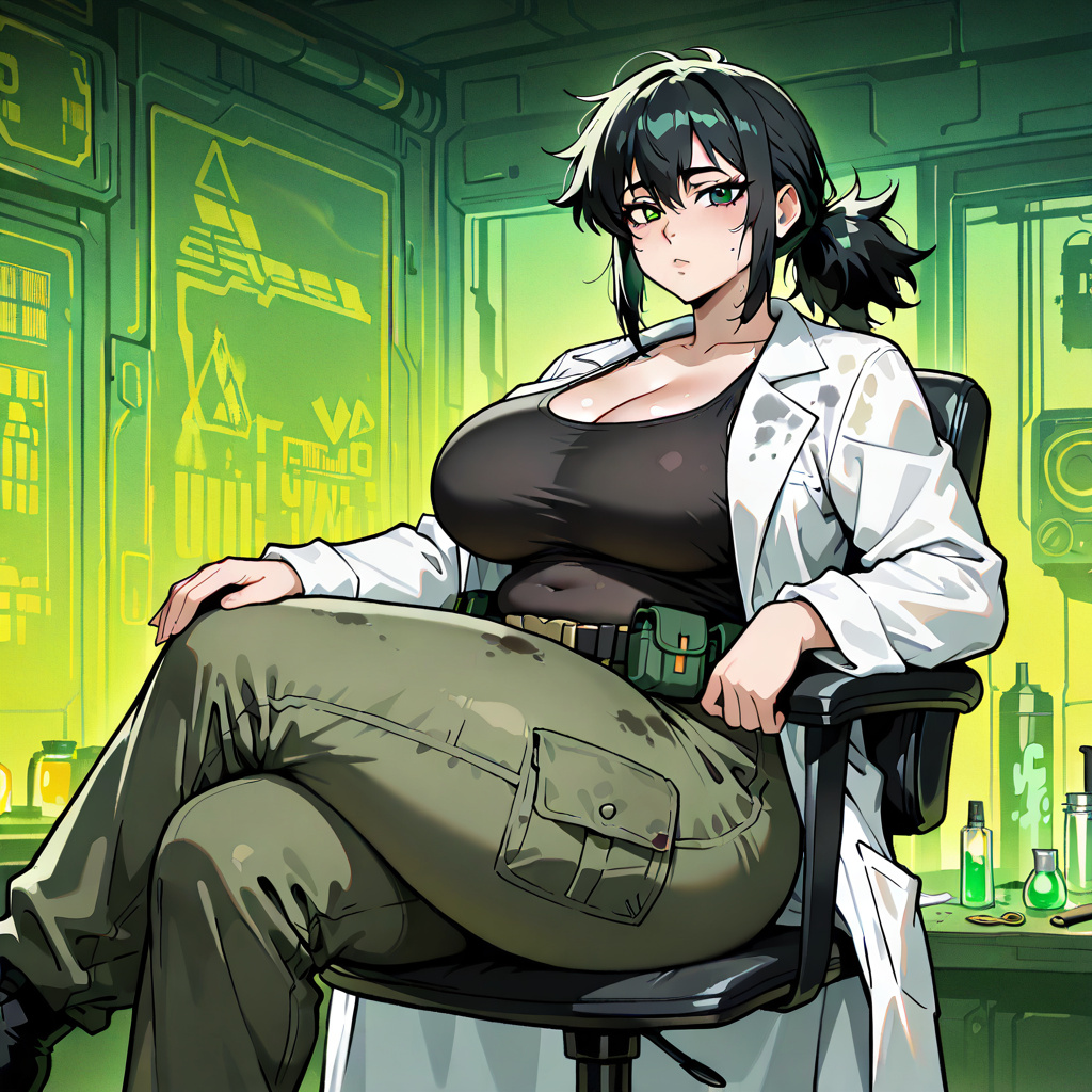 anime style, plump woman, large breasts, thick thighs, sitting on chair, legs crossed, looking at viewer, messy ponytail, raven-black hair, green eyes, tired expression, confident expression, black ta