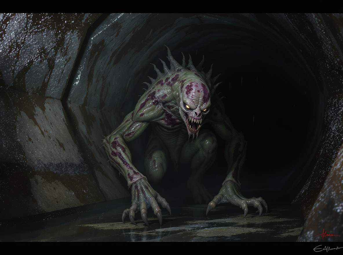 Lesion Lurker, a mutant monster for a dark science-fantasy trading card game. A lean, low-slung ambush creature with a twisted animalistic body, elongated forelimbs, sharp hooked claws, and diseased f