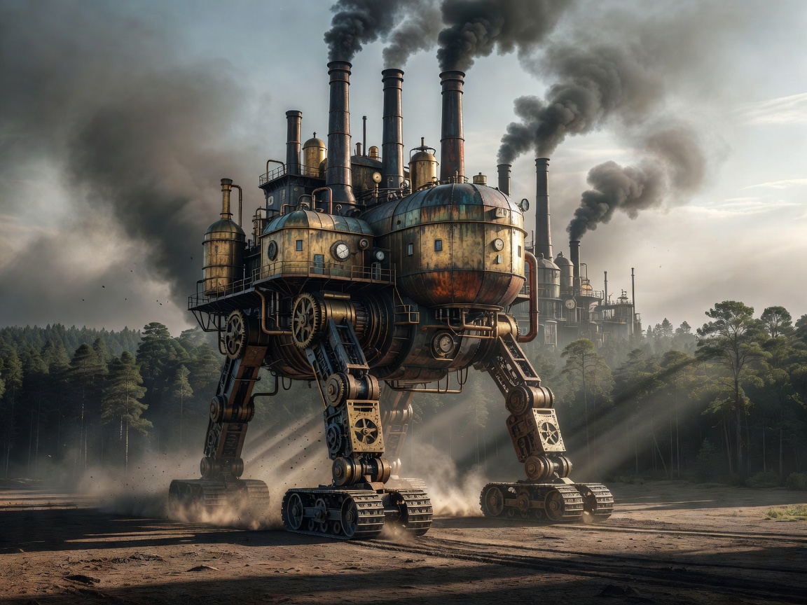 The Boiler Fortress, a giant steampunk-style walking city made of brass and aged iron, bipedal with massive mechanical legs striding across the land, plumes of black smoke rising from the top of its t