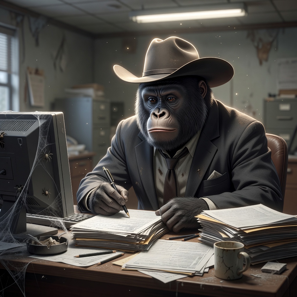 anime style, harambe, business suit, tax filing, paperwork, spiderweb, desk, anthropomorphic gorilla, sitting at cluttered desk, holding pen, stacked tax forms, cobwebs on monitor, dusty office, cowbo