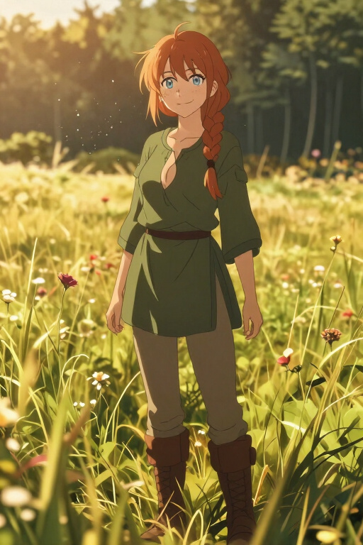 anime style, copper haired woman with freckles and light blue eyes, hair in a single braid over shoulder, standing casually smiling, field of tall grass and wild flowers, forest in the distance, olive