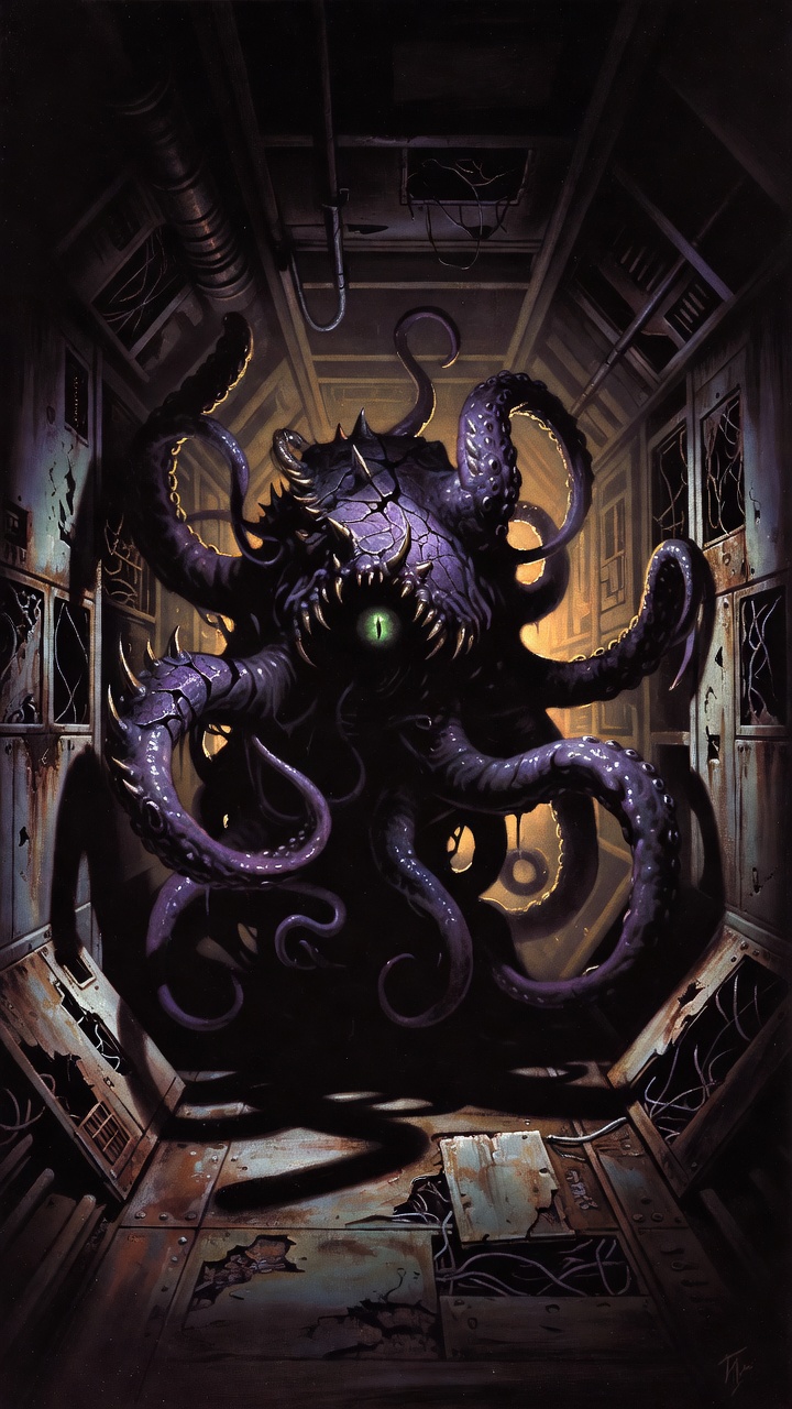 Visual Style: 1980's grimdark painting
Character: slimey purple tentacle monster Pose, hidden by shadow with its many fleshy tendrils reaching forward. Some chitinous sections, with a few sharp tooth-
