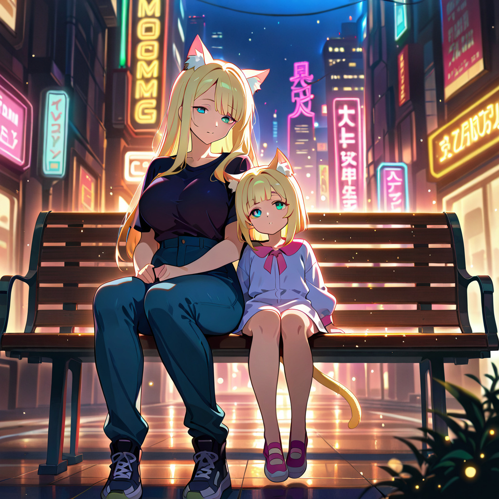 anime style, lesbian big titty catgirl moms with daughter in a cyberpunk park, 2girls, 1girl, mother and daughter, cat ears, cat tail, large breasts, animal ear fluff, family, neon lights, night, sitt