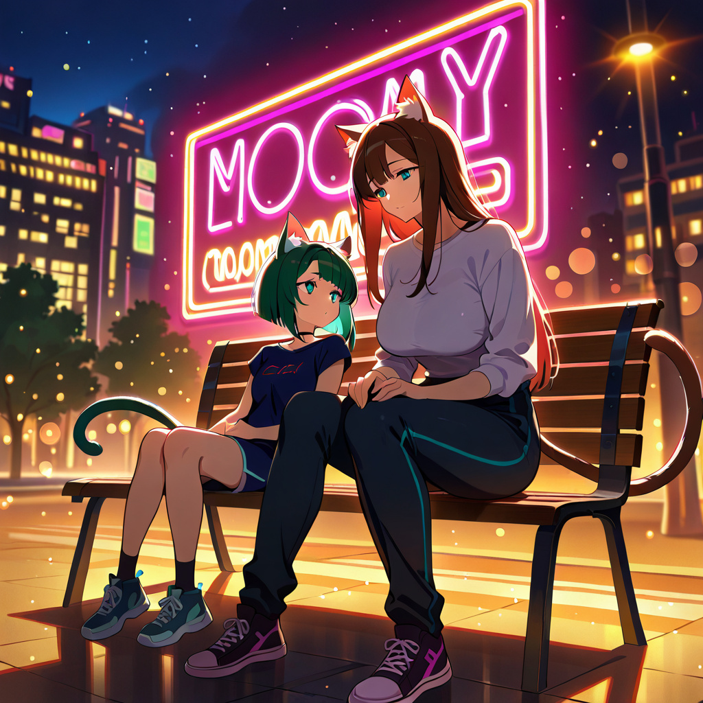 anime style, lesbian big titty catgirl moms with daughter in a cyberpunk park, 2girls, 1girl, mother and daughter, cat ears, cat tail, large breasts, animal ear fluff, family, neon lights, night, sitt