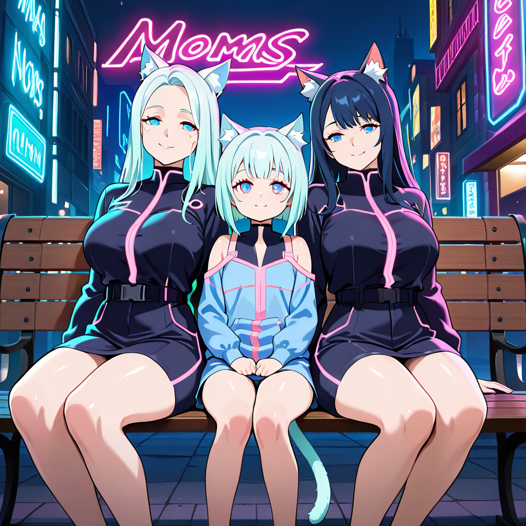 anime style, lesbian big titty catgirl moms with daughter in a cyberpunk park, 2moms, 2girls, 1girl, mother and daughter, cat ears, cat tail, large breasts, animal ear fluff, family, neon lights, nigh