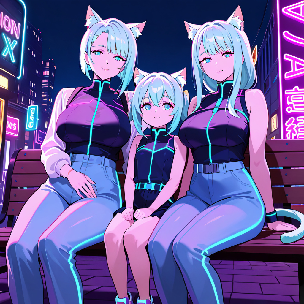 anime style, lesbian big titty catgirl moms with daughter in a cyberpunk park, 2moms, 2girls, 1girl, mother and daughter, cat ears, cat tail, large breasts, animal ear fluff, family, neon lights, nigh