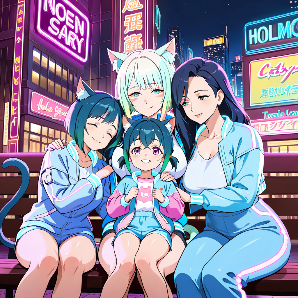 anime style, two mature catgirl mothers with young catgirl daughter, 3girls, lesbian moms, mother and daughter, family, wholesome, sitting on bench, affectionate family pose, mothers flanking daughter