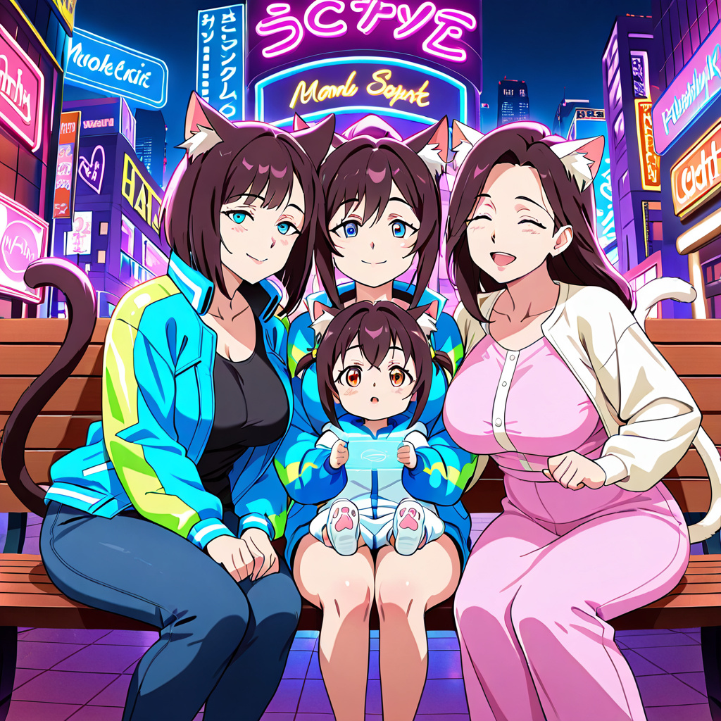 anime style, two mature catgirl mothers with young catgirl daughter, 3girls, lesbian moms, mother and daughter, family, wholesome, sitting on bench, affectionate family pose, mothers flanking daughter
