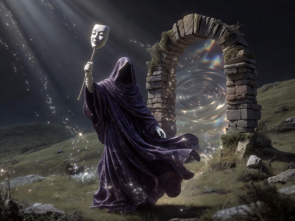 anime style, humanoid figure, hooded flowing robes, dark purple night-sky robes, raised hood, empty hood, no head, headless, holding thin metal rod in right hand, porcelain mask atop rod, content expr