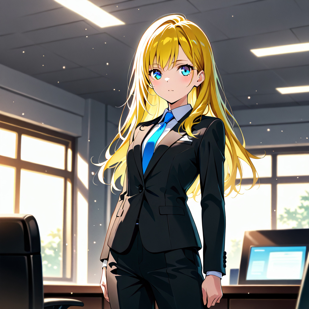 anime style, neon yellow hair, blue eyes, new executive, petite, woman, small breasts, tailored business suit, confident stance, office interior, cowboy shot, rim lighting, soft lighting, bloom, bokeh