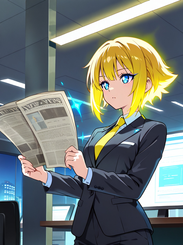 anime style, neon yellow hair, blue eyes, news executive, editor-in-chief, petite woman, small breasts, tailored business suit, confident stance, office interior, cowboy shot, professional attire, sub