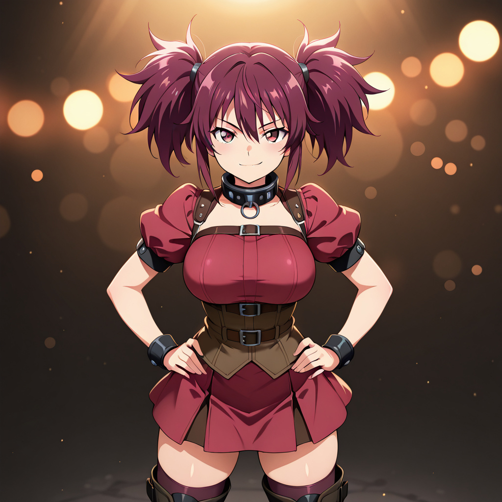 anime style, 1girl, brat, large breasts, twintails, maroon hair, hazel eyes, short skirt, puffy sleeves, collar, thighhighs, combat boots, cowboy shot, smirk, hands on hips, looking at viewer, rim lig