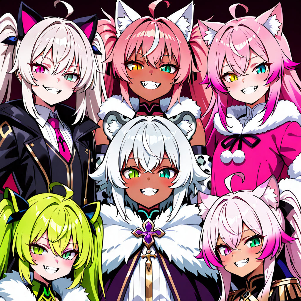anime style, petite cat girl, snow leopard ears, tufted fluffy animal ears, dark tan skin, high twintails, ash white hair, hot pink hair, magenta hair tips, feathered bangs, ahoge, heterochromia, toxi