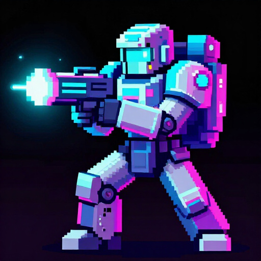 Retro 8 bit videogame style profile view of a Space Knight soldier ready to fire, background black, classic side-scrolling sprite pose aiming a glowing plasma blaster, chunky pixel armor with neon cya