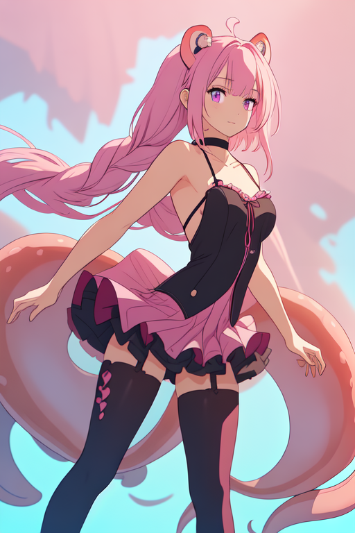 anime style, Imagine a dumbo octopus disguised as an adorable teenage girl. with a slim body, Her hair style is thick layers of flat sections, layered style, tips slightly turned up, light pink roots 
